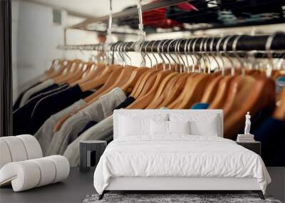 Wide range. Close up of clothes rack or rail in the store. Items at custom T-shirt, clothing printing company Wall mural