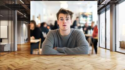 A bewildered 20-year-old man sits at an empty table in a bright white café, surrounded by background conversations during a speed dating event Wall mural