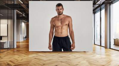 Young muscular caucasian man looking at camera while posing shirtless isolated over grey background Wall mural