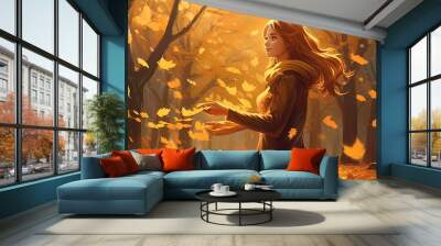 Young woman collecting the glowing leaves that falling from the trees, digital art style Wall mural