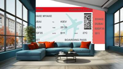 Airline boarding pass ticket with airplane and red stripe with QR code. Isolated on white. Vector illustration AI10 Wall mural