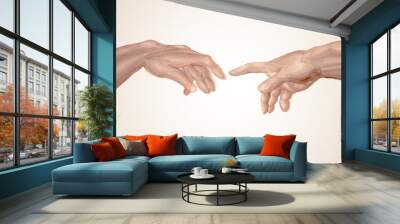 Creation of Adam hand drawn watercolor, fragment of Sistine Chapel fresco by Michelangelo. God and Adams hands. Two hands. Touch. Union. Illustration of paints. Faith in God Concept. Wall mural