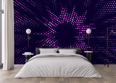 Festive shiny neon background. Halftone gradient pattern vector illustration. Explosion, salute. Blue pink dotted, purple halftone texture. Pop Art style purple pink comics Background. Dots background Wall mural