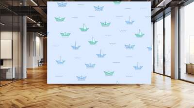 Paper ship on water waves seamless pattern. Blue sketch origami ships, boats, cute doodle baby elements. Sea, delivery concept. Childish background. Hand drown design for boys. Vector illustration Wall mural