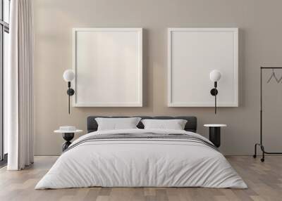 Two empty white frame on beige wall, minimalist design Wall mural