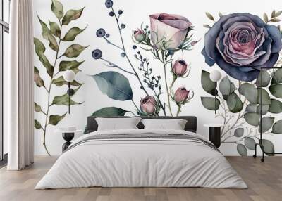 Flowers, berries and leaves watercolor illustration Wall mural