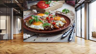 Fried eggs with mushrooms, tomatoes and basil on rustic wooden t Wall mural