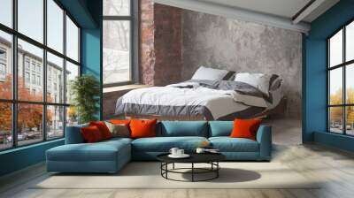 Loft style bedroom interior with bed, gray design, brick texture and concrete wall Wall mural