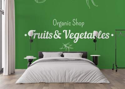 Frame border background pattern of green organic farm fresh tropical fruits and vegetables. Vector illustration. Sketch doodle outline line flat style design. Green backdrop label grocery products Wall mural