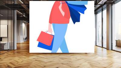 Man walking with purchase buy paper bags . Summer sale discount black friday start . Wall mural