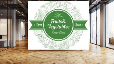 Round Frame border background pattern green organic farm fresh tropical fruits and vegetables. Vector illustration. Sketch doodle outline line flat style design. White backdrop label grocery products Wall mural