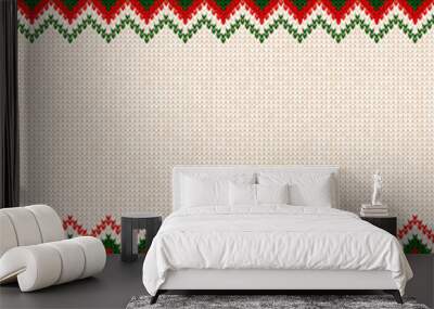 Ugly sweater Merry Christmas and Happy New Year greeting card frame border template. Vector illustration knitted background pattern with scandinavian ornaments. White, red, green colors. Flat style Wall mural