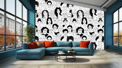 Women's diversity head portraits line drawing doodle poster seamless pattern Wall mural