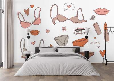 Women's underwear lingerie bras panties, lips, lipstick, flowers set stickers. Wall mural