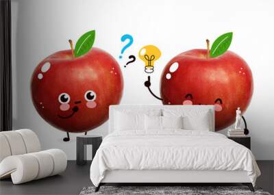 Cute apple with question marks and light bulb.  Cartoon character illustration design with hand drawing graphic elements. Isolated on white background. Apple think concept Wall mural