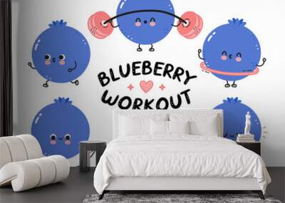 Cute funny blueberry berry make gym set collection. Vector flat line cartoon kawaii character illustration icon. Isolated on white background. Blueberry berry workout,fitness,sport character concept Wall mural