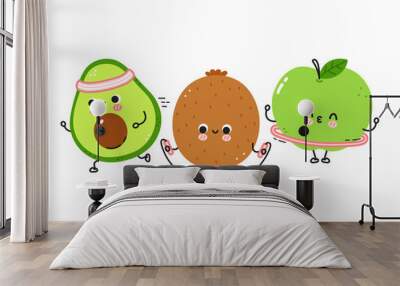 Cute funny fruits make gym set collection. Vector flat line cartoon kawaii character illustration icon. Isolated on white background. Awocado,apple,kiwi workout character bundle Wall mural