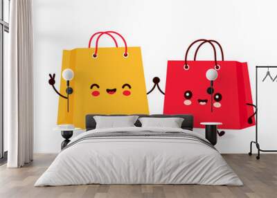 Cute happy funny shopping bags Wall mural