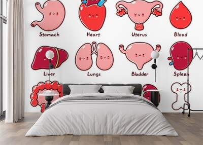 Cute healthy human organs character. Vector line cartoon kawaii character illustration icon. Isolated on white background. Bone,stomach,heart,uterus,blood,liver,lungs,bladder,splee,intestine,kidneys Wall mural