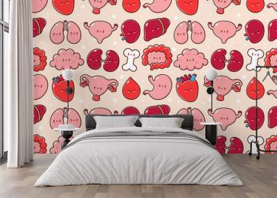 Cute human organs character seamless pattern. Vector line cartoon kawaii character illustration icon.Bone,stomach,heart,uterus,blood,liver,lungs,bladder,splee,intestine,kidneys seamless pattern Wall mural