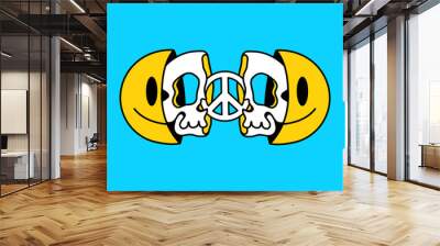 Two half of smile face with skull and peace inside. Vector hand drawn doodle 90s style cartoon character illustration. Trippy smile face,peace,skull print for t-shirt,poster,card concept Wall mural