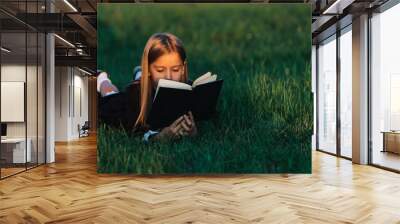 A child lies on the grass and reads a book in the sunset light. Wall mural