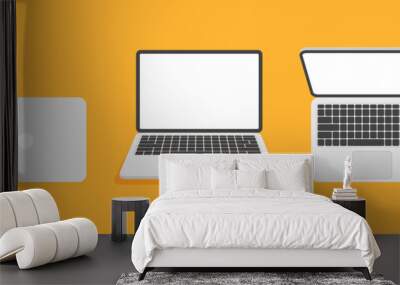 Laptop front and top view. White screen display. Computer mock up set. Vector illustration in flat style isolated on yellow background. Wall mural