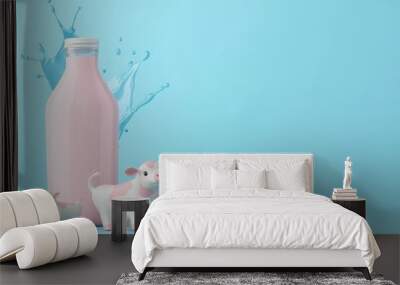 A bottle of milk and two cow figurines are on a blue background. Concept of warmth and comfort Wall mural