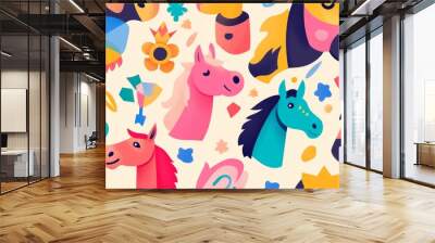 A colorful horse drawing with a variety of different horse heads. The image is a fun and playful representation of horses, with each head having a unique design. Scene is cheerful and lighthearted Wall mural