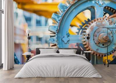 A large, rusted, and dirty gear is shown in the foreground of the image. The gear is surrounded by a chain and he is part of a larger machine. Scene is one of wear and tear Wall mural