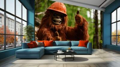 A large orange bear with a hard hat on is giving a thumbs up. The bear is wearing a hard hat and gloves, and it is a mascot or costume Wall mural