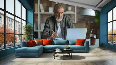 A man is sitting at a desk with a laptop and a calculator. He is looking at the laptop screen and he is working on some calculations Wall mural