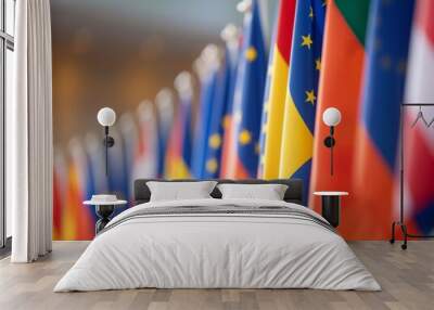 A row of flags from different countries are displayed, including the United States, France, Germany, and the United Kingdom Wall mural