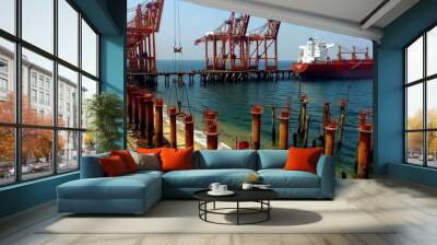 A ship is docked at a commercial dock in the ocean, surrounded by water and industrial structures. Wall mural