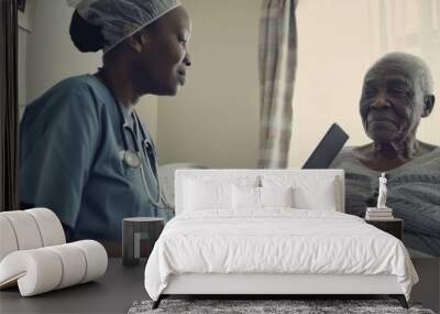 A woman in a white hat is talking to an elderly woman in a hospital bed. Scene is serious and caring Wall mural