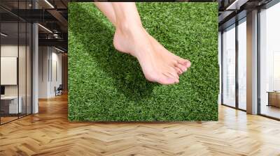 Beautiful slim female feet on green grass Wall mural