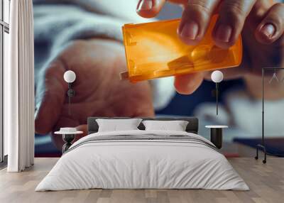 pouring the pills from the orange bottle into the plam. medicine and health care concept. Wall mural