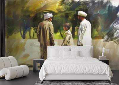 Three men and a boy are standing in a park. The men are wearing white robes and the boy is wearing a white shirt Wall mural