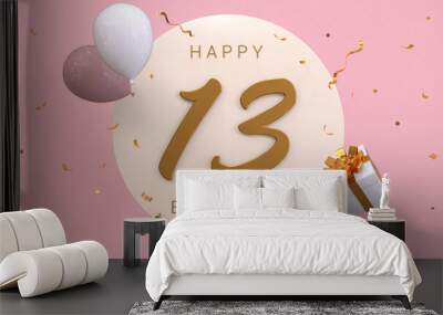 Elegant Greeting celebration 13 years birthday. Happy birthday, congratulations poster. Golden numbers with sparkling golden confetti and balloons. 3d render illustration. Wall mural