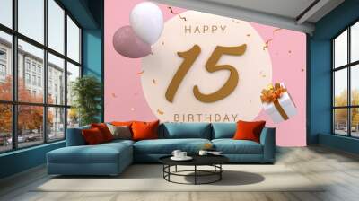 Elegant Greeting celebration 15 years birthday. Happy birthday, congratulations poster. Golden numbers with sparkling golden confetti and balloons. 3d render illustration. Wall mural