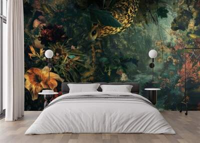 Artistic jungle scene with a leopard and flowers. Wall mural