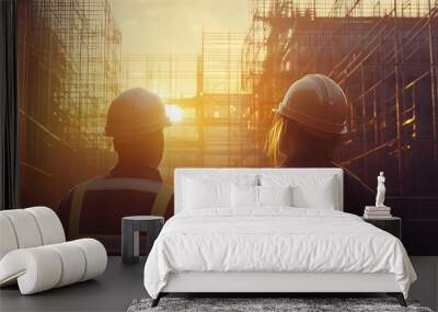 Two construction workers stand in front of a large scaffolding structure, silhouetted against a golden sunset. Wall mural