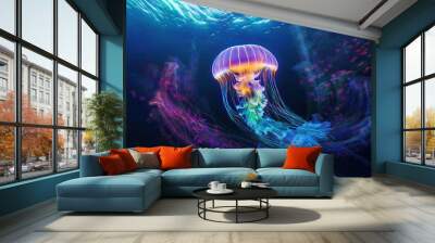 A glowing jellyfish in blue water Wall mural