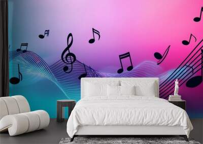 Abstract music notes on blue background Wall mural