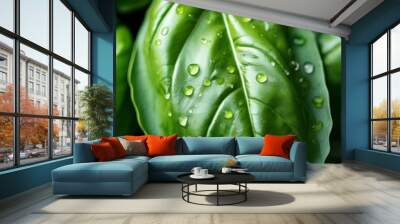 Fresh basil leaves with dew Wall mural