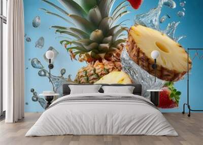 Pineapple & strawberries in water Wall mural