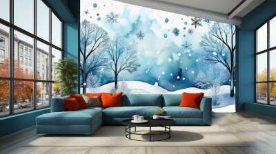 Snowy watercolor winter scene Wall mural