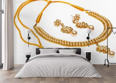 Gold necklace of pearl with earrings Wall mural