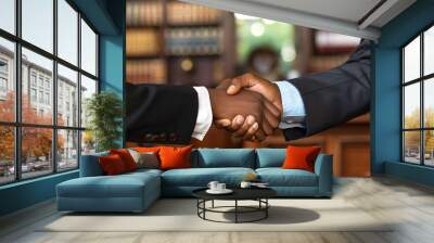 Black lawyer shaking hands with a client in a modern law office, showcasing success and professionalism. Wall mural