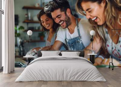 Couple laughing while cooking together - A married couple in the kitchen, playfully cooking a meal together, with flour on their faces and smiles as they share a fun moment. Wall mural